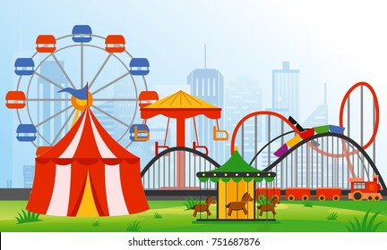 Vector illustration amusement park elements on modern city background. Family rest in rides park with colorful ferris wheel, carousel, circus in flat style.