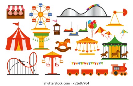 Vector illustration amusement park elements on white background. Family rest in rides park with colorful ferris wheel, carousel, circus in flat style.