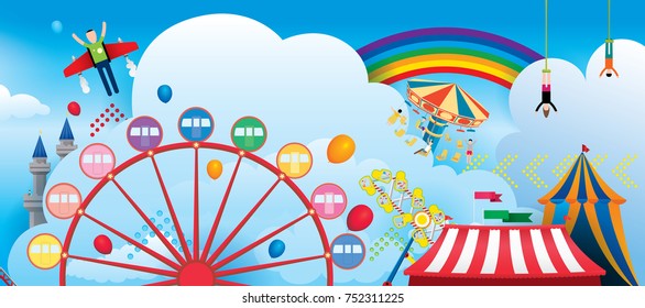 Vector Illustration of amusement park with fantasy theme and rainbow in the sky background. 