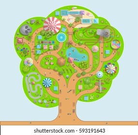 Vector illustration. Amusement park in the form of a tree. (Top view) Attractions, paths, circus, trees, plants, tents. (View from above)