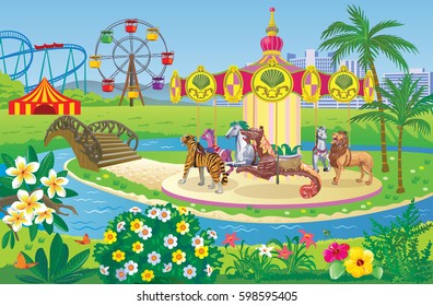 Vector illustration of amusement Park for kids with a carousel, Ferris wheel and roller coaster