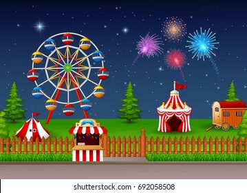 Vector illustration of Amusement park landscape at night with fireworks