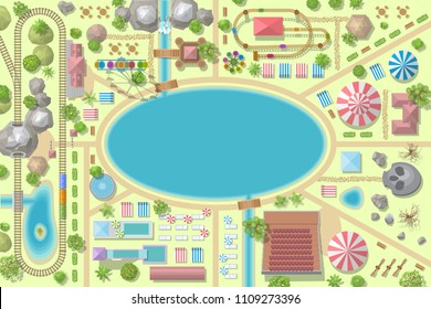 A vector illustration of amusement park map. (Top view) Attractions, paths, lake, railroad, circus, trees, plants, tents. (View from above)