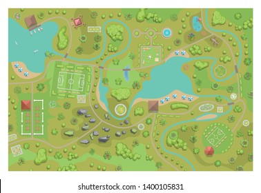 A vector illustration of amusement park map. (Top view) Attractions, paths, lake, river, plants, playground. (View from above)