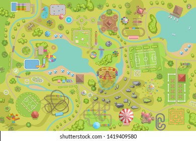 A Vector Illustration Of Amusement Park Map. (Top View) Attractions, Paths, Lake, River, Plants, Playground. (View From Above)