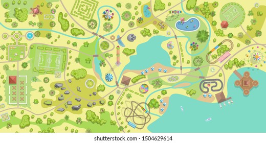 A Vector Illustration Of Amusement Park Map. (Top View) Attractions, Paths, Lake, River, Plants, Playground. (View From Above)