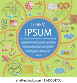 A vector illustration of amusement park map. (Top view)
Attractions, paths, lake, railroad, circus, tents. (View from above)