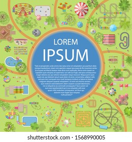 A vector illustration of amusement park map. (Top view)
Attractions, paths, lake, railroad, circus, tents. (View from above)