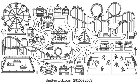 Vector illustration of an amusement park map showing rides, attractions, food stalls, and a soccer field.