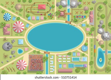 A vector illustration of amusement park map. (Top view)
Attractions, paths, lake, railroad, circus, trees, plants, tents. (View from above)