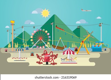 Vector Illustration of amusement park with mountain background. 