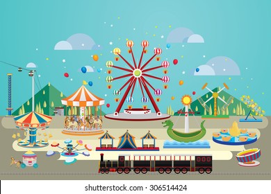 Vector Illustration of amusement park with mountain background.