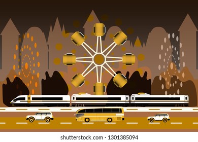 Vector illustration of an amusement park and public transport. Night illumination of high-speed train, two cars, bus, amusement park. City background. For the design of urban life and entertainment.