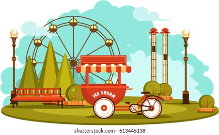 Vector illustration Amusement park and recreation trolley with ice cream cheerful fair show