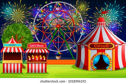 vector illustration of Amusement park scene with circus tent and firework