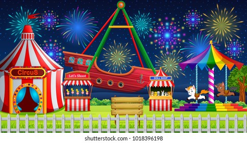 vector illustration of Amusement park scene with circus tent and firework