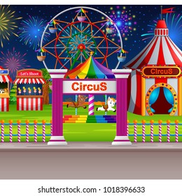 vector illustration of Amusement park scene with circus tent and firework