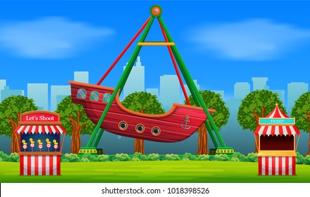 vector illustration of Amusement park scene at daytime