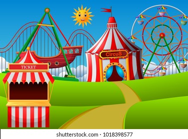 vector illustration of Amusement park scene at daytime