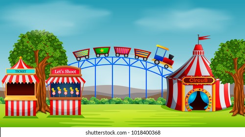 vector illustration of Amusement park scene at daytime with many rides