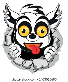 Vector illustration amusing animal lemur in hole in wall