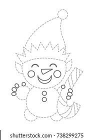 Vector illustration: amusing game for kids - Connect the dots contour Christmas character Snowman with elf hat and 
lollipop stick isolated on white background