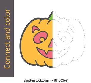 Vector illustration: amusing game for kids - connect the dots using the sample and color the Halloween character Carved Pumpkin   isolated on white background.  For your Halloween holiday pastime.