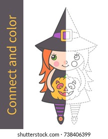 Vector illustration: amusing game for kids - connect the dots using the sample and color the Halloween character Little Witch  isolated on white background.  For your Halloween holiday pastime.
