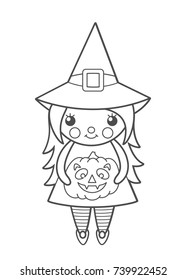 Vector illustration: amusing game for kids - color the contour of Halloween character Little Witch with pumpkin isolated on white background. For your Halloween holiday pastime.