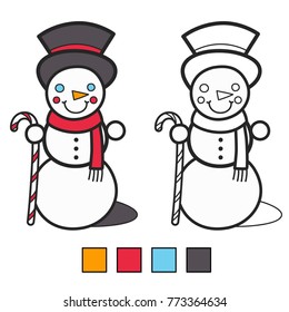 Vector illustration: amusing game for kids - Color the Snowman  using the color spectrum below, isolated on white background.  For your Christmas holiday pastime.