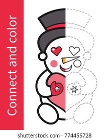 Vector illustration: amusing game for kids - connect the dots using the sample in the left part and color the Winter character the Snowman isolated on white background.  