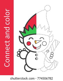 Vector illustration amusing game for kids - connect the dots using the sample in the left part and color the Winter character Snowman isolated on white background.  For your Christmas holiday pastime