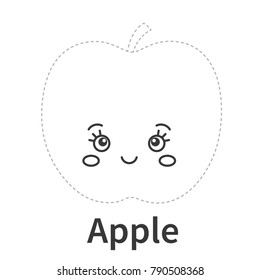 Vector illustration: amusing game for kids - Connect the dots and  Color the contour of funny fruit character an Apple isolated on white background.  For children education and pastime.
