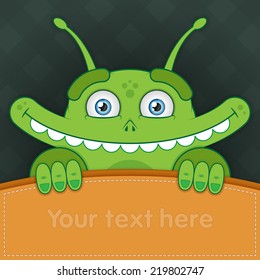 Vector illustration. Amusing happy green cartoon alien with large mouth. For greeting cards. Closeup.