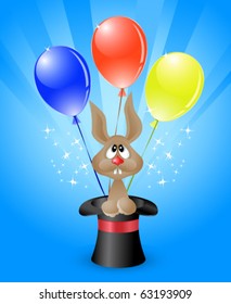 Vector illustration of amusing  rabbit in a magicians top hat and bright colored balloons