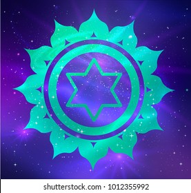 Vector illustration of Anahata chakra on outer space ultraviolet background.