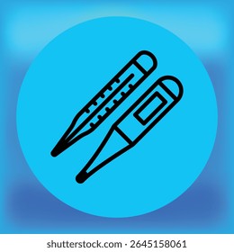 Vector illustration of analog and digital thermometers icon on blue background. Medical temperature measurement tools in simple black outline style.