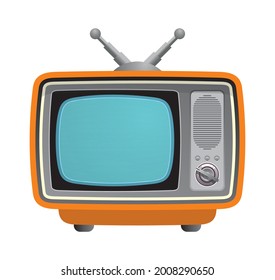 Vector illustration. Analogue retro TV with antenna, channel and signal selector. Television box for news and show translation. Clip art with contour for graphic design. Isolated on white background