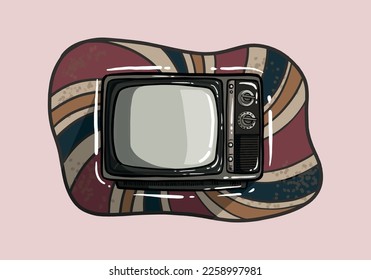 Vector illustration. Analogue retro TV with antenna, channel and signal selector.Retro Television box. Clip art with contour for graphic design. Isolated on white background