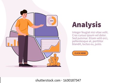 Vector Illustration analysis data with chart, graph, element. people analyze data visualitation. chart, graph, pie illustration. data result. pastel, soft, warm color. 