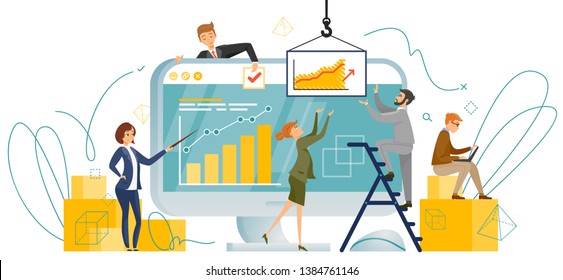 Vector Illustration Analytical Company Cartoon. People are Working Key to Business Success. Innovation Developing Smart Farms. Analytical Company Predicts Number Automatic Devices used Agriculture.