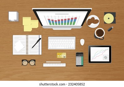 Vector illustration of analytics process and see optimization using computer with keyboard, smartphone calculator, tablet pc screen with chart. Realistic workplace with textured table. Top view