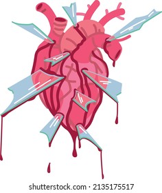 Vector Illustration Anatomical Heart In Fragments Of Glass And Blood