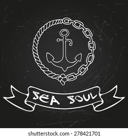 Vector illustration with anchor, chain and rope on vintage background with scratches. Hand drawing for banner, web or cards