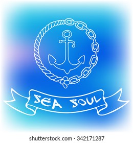 Vector illustration with anchor, chain and rope on blurred background. Hand drawing for booklets, web or cards