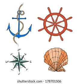 Vector illustration of anchor, hand wheel, seashell, and wind rose