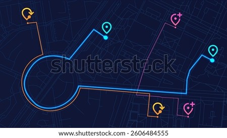 Vector illustration. Anchor icon and route lines display global investment direction within stock-based logistics and financial ecosystems. Concept of business, stock market, exchange, economy