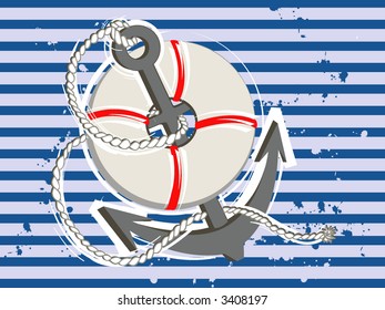vector illustration of anchor with life buoy and rope
