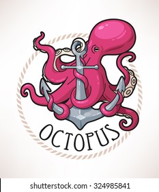 Vector illustration of anchor and octopus on it