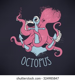 Vector illustration of anchor and octopus on it